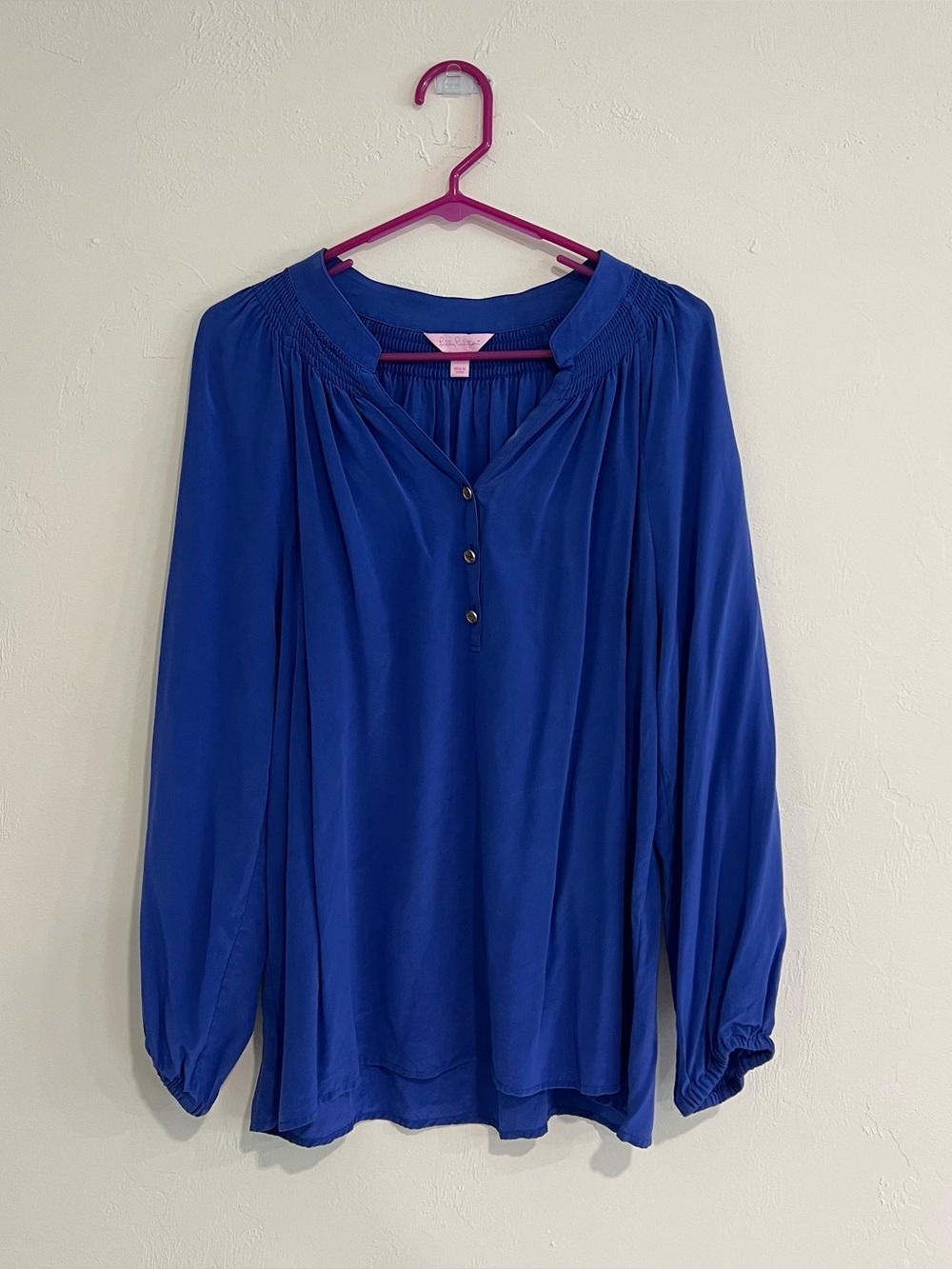 Lilly Pulitzer Elsa Silk Top Large Blue Long Sleeve Popover Blouse Resort Preppy
